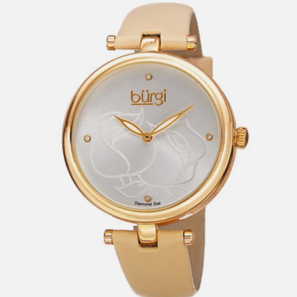 Women's Burgi Flower Engraved Diamond Dial Genuine Leather Strap Watch with box - Picture 1 of 16